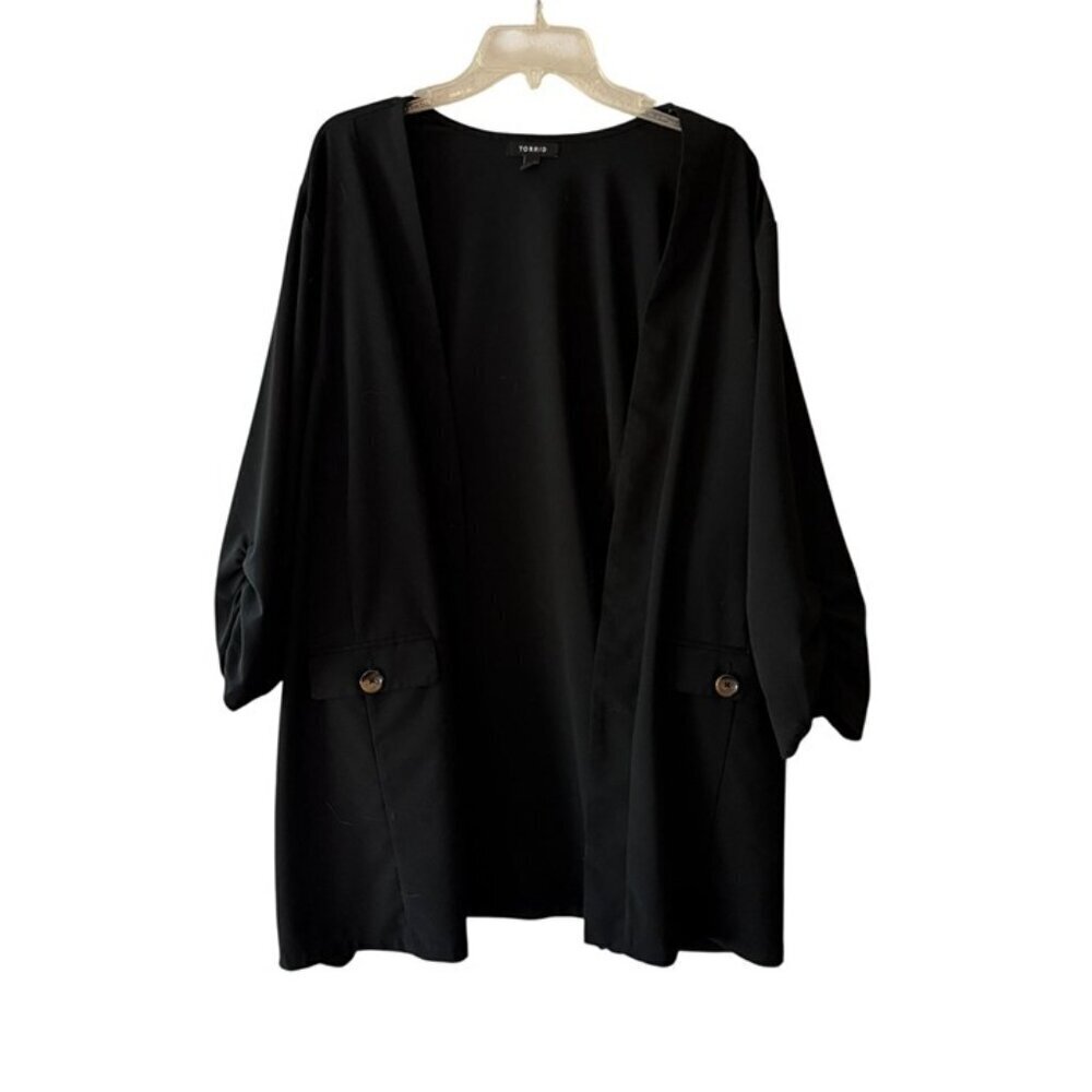 Torrid Womens Black Open-Front Cardigan With Ruched Sleeves & Button Size 5